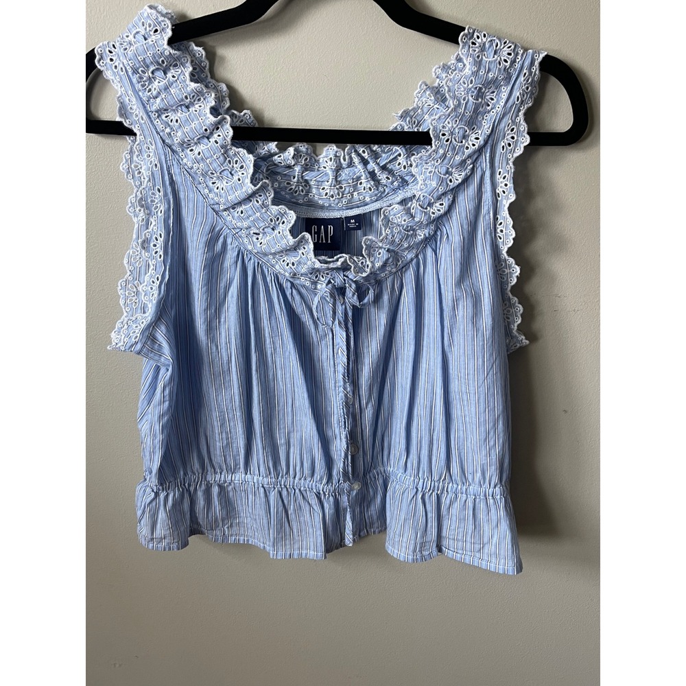 Gap Blue White Striped Eyelet Lace Trim  Peplum chic Top summer cottagecore sexy